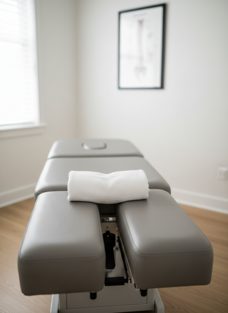 A neatly folded, soft white treatment towel resting on the head section of a modern chiropractic table in neutral grey, its vinyl surface subtly textured and impeccably clean. The table stands in a bright consultation room with light wood flooring, a white wall, and a framed anatomical spine diagram blurred in the background. Gentle natural daylight filters through an unseen window, creating soft, even illumination and delicate shadows along the table’s contours. Photographic realism at eye level with a slightly angled composition, shallow depth of field, and a calm, reassuring atmosphere that conveys professionalism, hygiene, and holistic spinal care.