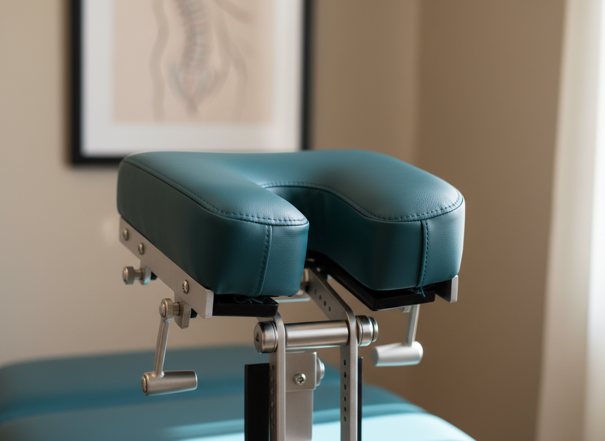 A close, detailed view of a chiropractic adjustment table’s headrest, upholstered in smooth dark teal vinyl with precise stitching and adjustable padded sections. The metal adjustment levers and hinges show a brushed stainless-steel finish, clean and well-maintained. In the softly blurred background, a neutral-toned wall and the corner of a framed, abstract anatomical illustration are visible. Natural light from the right side creates gentle highlights on the upholstery and subtle reflections on the metal. Photographic realism with a slightly low angle and shallow depth of field, capturing a precise, technical yet inviting atmosphere focused on comfort and professional spinal care.