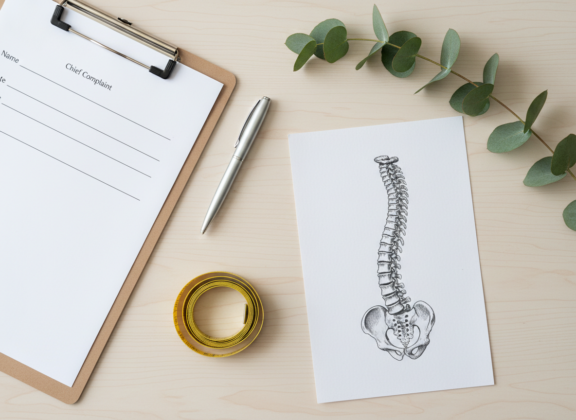 A minimalist flat-lay composition of chiropractic wellness tools on a pale wooden surface: a clean clipboard with a blank intake form, a sleek silver pen, a flexible measuring tape coiled neatly, and a small anatomical spine illustration printed on crisp white paper. A sprig of fresh eucalyptus lies diagonally, adding a natural touch and hinting at holistic care. Soft overhead daylight creates even, diffused illumination with barely-there shadows, enhancing the sense of order and calm. Photographic realism with sharp focus and careful spacing between objects, evoking organization, personalized care, and a comprehensive approach to musculoskeletal health.