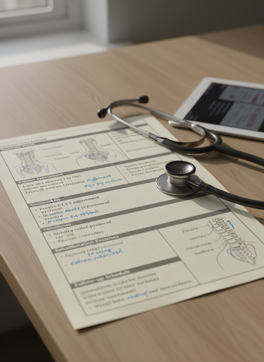 A detailed close-up of a printed chiropractic treatment plan laid on a light oak desk, showing clearly organized sections, diagrams of the spine and joints, and notes highlighted in soft blue. Beside the document lies a stethoscope with matte black tubing and brushed steel chestpiece, and a slim tablet with a faint, out-of-focus patient chart on screen. Natural window light from the side illuminates the paper’s texture and creates subtle shadows along the page edges. Photographic realism with a slightly elevated angle and shallow depth of field, conveying meticulous follow-up, personalized care, and a structured approach to improving patients’ quality of life.
