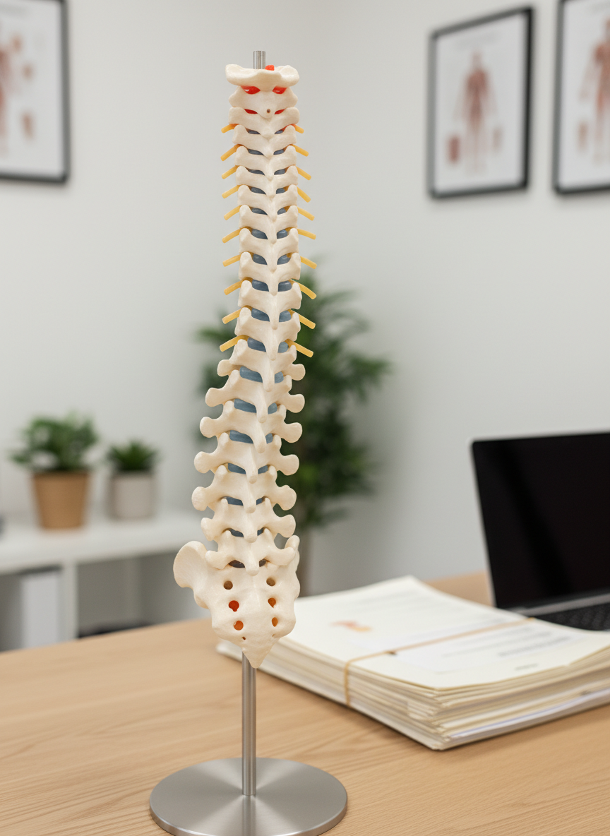 A close-up of an articulated anatomical spine model made of smooth ivory-colored plastic, each vertebra clearly defined, with intervertebral discs slightly translucent and faintly bluish. The model is mounted on a slim metal stand placed on a light oak desk, beside neatly stacked patient files and a closed laptop, both out of focus. Soft studio-style lighting from the left creates gentle highlights along the vertebrae and subtle shadows between them. Shot with a shallow depth of field and photographic realism, centered within a clean, minimalist chiropractic clinic environment, evoking precision, expertise, and a holistic approach to spinal health.