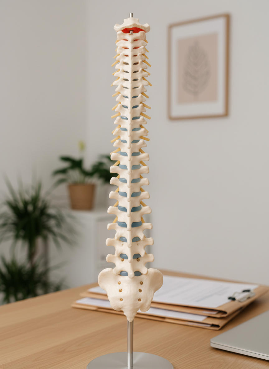 A close-up of an articulated anatomical spine model made of smooth ivory-colored plastic, each vertebra clearly defined, with intervertebral discs slightly translucent and faintly bluish. The model is mounted on a slim metal stand placed on a light oak desk, beside neatly stacked patient files and a closed laptop, both out of focus. Soft studio-style lighting from the left creates gentle highlights along the vertebrae and subtle shadows between them. Shot with a shallow depth of field and photographic realism, centered within a clean, minimalist chiropractic clinic environment, evoking precision, expertise, and a holistic approach to spinal health.